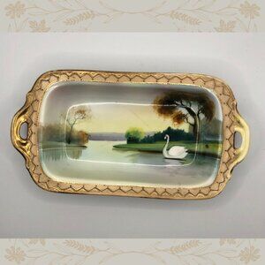 Vintage Hand Painted Nippon Swan Scene Handled Relish Dish